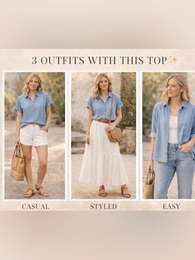 Chambray Button Down Top Tencel Blue Short Sleeve Lightweight